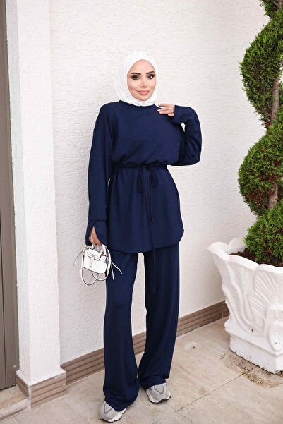 İmajButik Navy Blue Bel Tie-Detail Tunic Trouser Suit