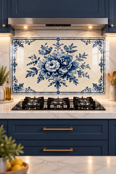 Decorita Cam Ocak Arkası Koruyucu | Mavi Çiçekler