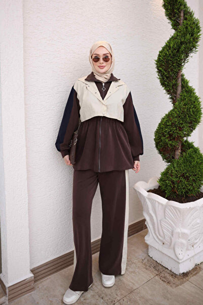 İmajButik Kahverengi Kapüşonlu Fermuarlı Tunik Pantolonlu Takım