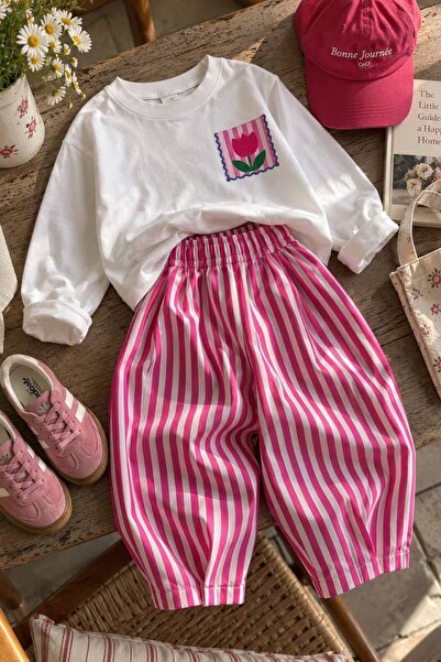 Minigimin Cicileri Tulip Printed Girls' Balloon Pants Set of 2 - Pink