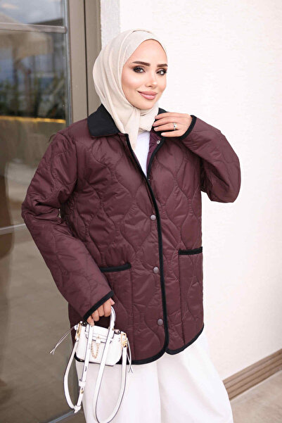 İmajButik Plum Pocketed Quilted Snap Button Coat