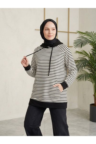 Lunsera Store تونيك مخطط بقلنسوة - أسود
