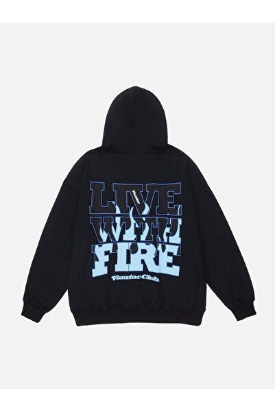 Minga London Μαύρο φούτερ με στάμπα Live With Fire, με κουκούλα και oversized...