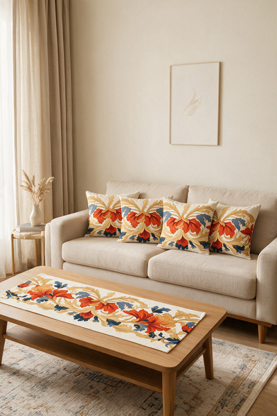 LadiesHome Orange Blue Baroque Patterned Double-Sided Printed Suede 5-Piece L...