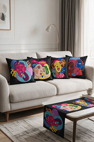 LadiesHome Black Color Picasso Faces Double-Sided Printed Suede 5 Piece Livin...