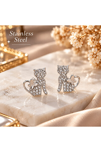 stainless steell Silver Color Cat and Butterfly Detailed Zircon Stone Steel E...