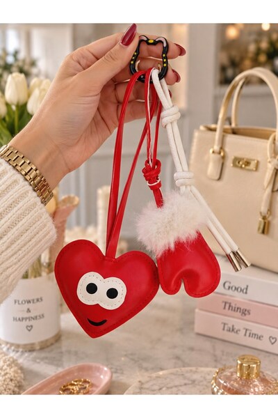 BiTon Toptan Red Heart Figured Bag Charm |   Cute Furry Red and White Bag Charm |   Bag Ornament and Keychain