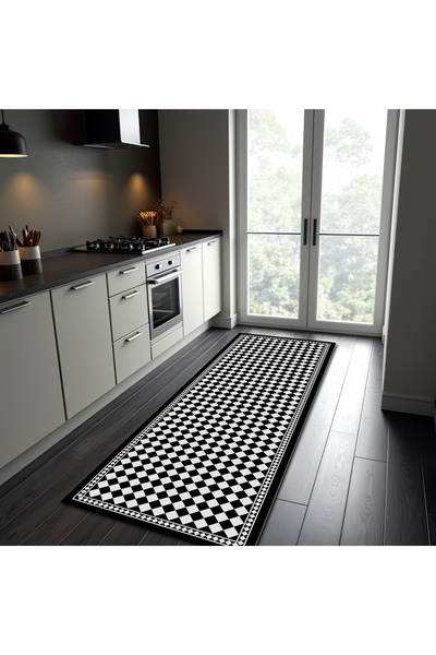 NesaDecor Damalı Geometrik Desenli Siyah Beyaz Mutfak Koridor Antre Yolluk