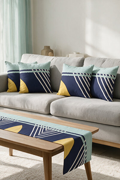 LadiesHome Navy Blue Yellow Geometric Double-Sided Printed Suede 5-Piece Livi...