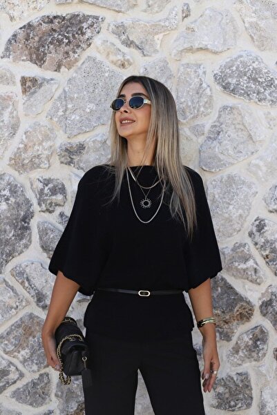 bytugcekaya Siyah Standart Beden Yarasa Kol Kemerli Triko Kazak