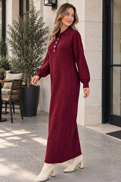 benguen Collared Buttoned Knitwear Dress K3072 Claret Red