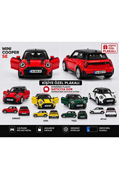 ToyzMarket Mini Cooper SE KİŞİYE ÖZEL PLAKALI metal model araba RENK BELİRTİN...