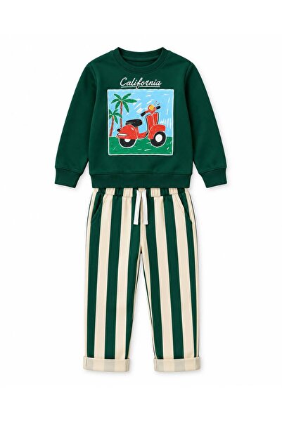 YİGİT BUTİK Boy's Scooter Printed Sweatshirt Striped Pants Top and Bottom Set