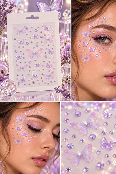 BearPear Lila Kelebek ve Taş Detaylı 3D Yüz, Vücut, Makyaj Süsleme Face Gems