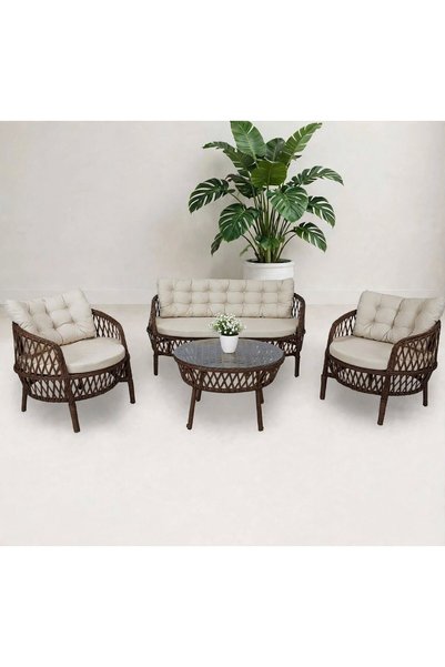 Alle Garden Maestro Kahverengi Premium Rattan Bahçe Balkon Takımı 2+1+1 Sehpa...