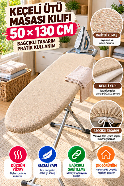 OpenCity Bej Ütü Masası Kılıfı 50x130 cm Keçeli Bağcıklı Ütü Bezi Örtüsü Prat...