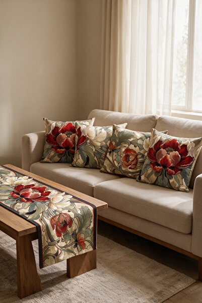 LadiesHome Burgundy Red Botanical Floral Double-Sided Suede 5-Piece Living Ro...