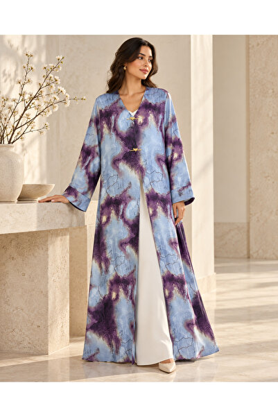 KAVALEE Ice Blue & Plum Marble Print Open Abaya with Gold Clasps and Matching...