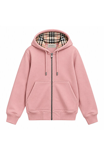 Gofeel Ekose İç Detaylı Fermuarlı Kapüşonlu Hoodie Zip Hırka