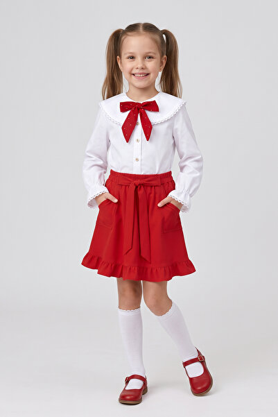 nacar çarşı Girl's Red Scarf Polka Dot Doll Collar White Long Sleeve Shirt Re...
