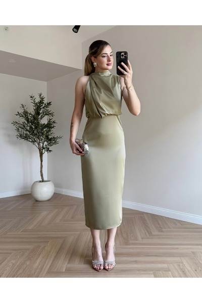 tiamoda JENNY YAKA DRAPELİ SATEN ELBİSE