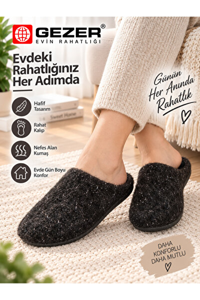 GEZER Kadın Kışlık Ev Terliği Siyah Havlu Dokulu Kapalı Burun Hafif Taban Rah...