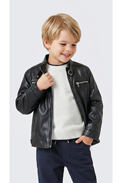 Gold Class Kidswear beyaz triko kazaklı siyah suni deri ceket 2'li takım