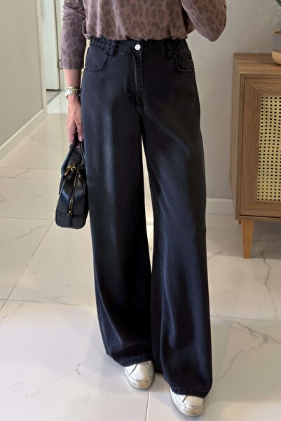 Suziş 100% Cotton Anthracite Elastic Waist Palazzo Pants (Without Belt) 4S1071