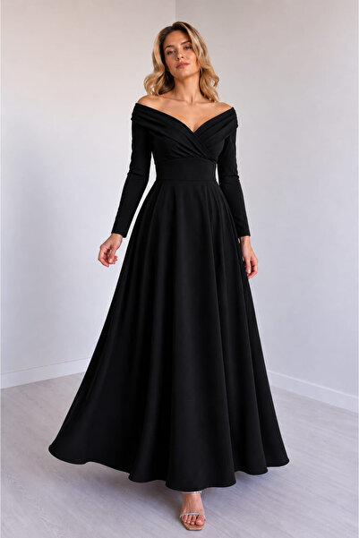 Generic Brand Women's long sleeve off-the-shoulder pleated crepe dress