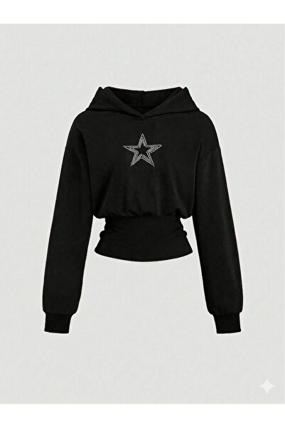 Rue Lora Butik Kadın Oversize Kristal Taş Baskılı Kısa Kapüşonlu Crop Sweatshirt