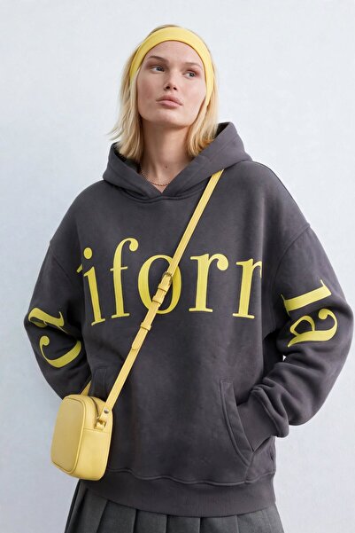 BARRELS AND OIL Kadın Kol Baskılı Kapüşonlu Sweatshirt - Antrasit