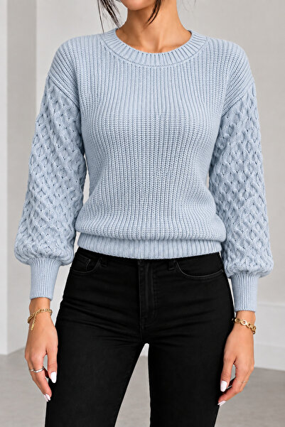 hanope Women's Crew Neck Long Sleeve Balloon Sleeve Hair Braided Baby Blue Kn...