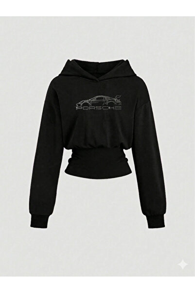 Rue Lora Butik Kadın Oversize Kristal Taş Baskılı Kısa Kapüşonlu Crop Sweatshirt