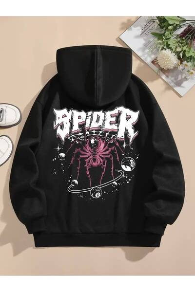 Minga London Siyah Spider Baskılı Oversize Kapüşonlu Sweatshirt