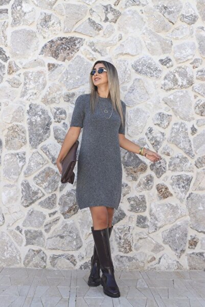 bytugcekaya Anthracite Standard Size Crew Neck Soft Textured Dress