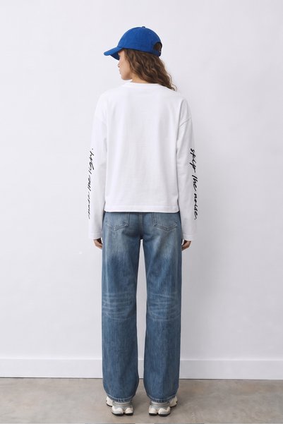Eazy Co EAZY Unisex Oversize Uzun Kollu Tişört %100 Pamuk Ekru Skip the Noise Baskılı Boxy Fit T-Shirt