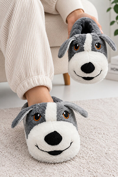 modafocus Sevimli Köpek Figürlü Sessiz Kaydırmaz Taban Peluş Unisex Ev Panduf...
