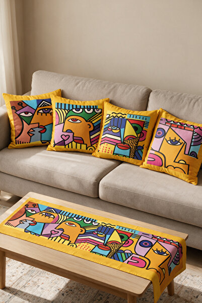 LadiesHome Yellow Framed Picasso Faces Double-Sided Printed Suede 5-Piece Liv...
