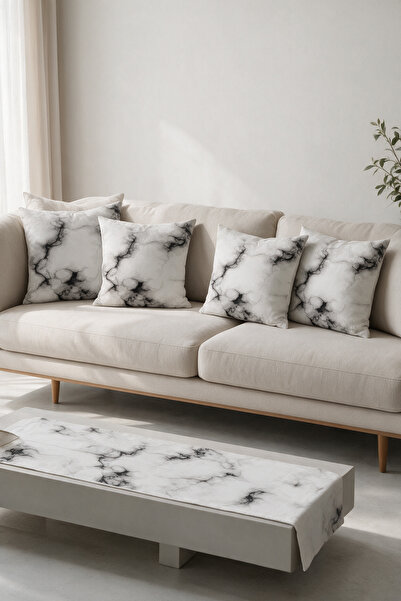 LadiesHome White Black Marble Patterned Double-Sided Printed Suede 5-Piece Li...