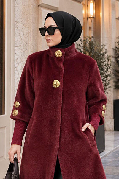 Tesettür Dünyası Kol Ucu Triko Detaylı Angora Fox Kaban TSD250246 Bordo