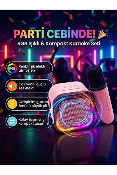 NovMark RGB Işıklı Kablosuz Mikrofonlu Mini Karaoke Bluetooth Hoparlör Seti