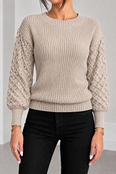 hanope Women's Crew Neck Long Sleeve Balloon Sleeve Hair Braided Mink Knitwea...