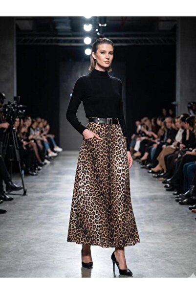 KEMERLİ PREMİUM DOUBLE KUMAŞ LEOPAR DESENLİ ETEK