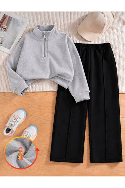 MORNİNG KİDS Kız-Erkek Çocuk Gri Yarım Fermuarlı Sweatshirt-Siyah Çima Detayl...