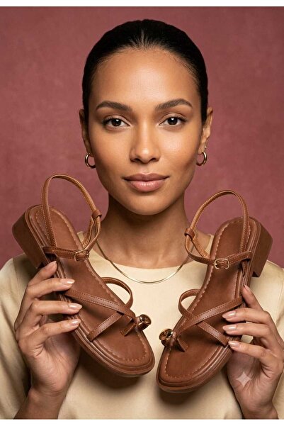 besoin shoes store Kadın Taba Gold Yüzük Detaylı Günlük Sandalet