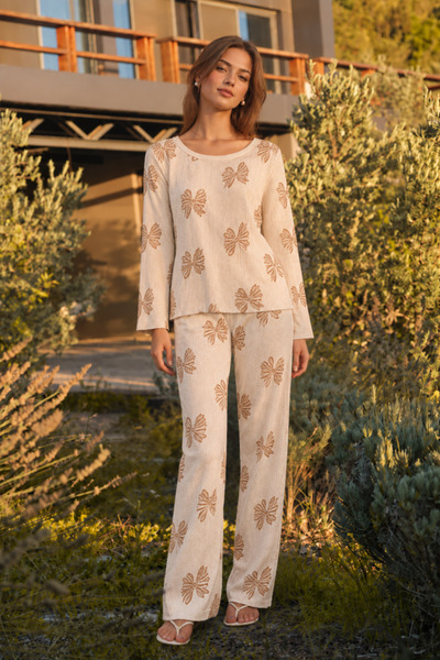 Mindy Women's Patterned Long Sleeve Casual Cream Pajama Set