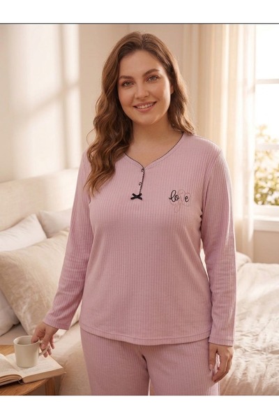 Asel Büyük Beden Uzun Kol Pamuklu Likralı İnterlok Kumaş Pijama Takımı