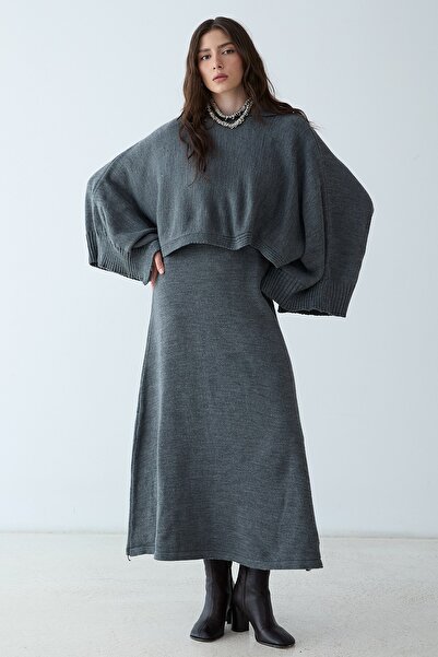 Olcay Cape Dress Combination Knitwear Double Set Anthracite 9488-Tk