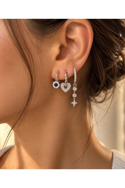 Astelya Jewelry Zirkon Taşlı Kalp ve Sallantılı Yıldız Detaylı Gümüş Rengi Üç...