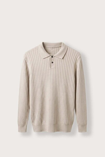 ablukaonline Men's Slim Fit Ribbed Buttoned Polo Collar Knit Sweater Beige
